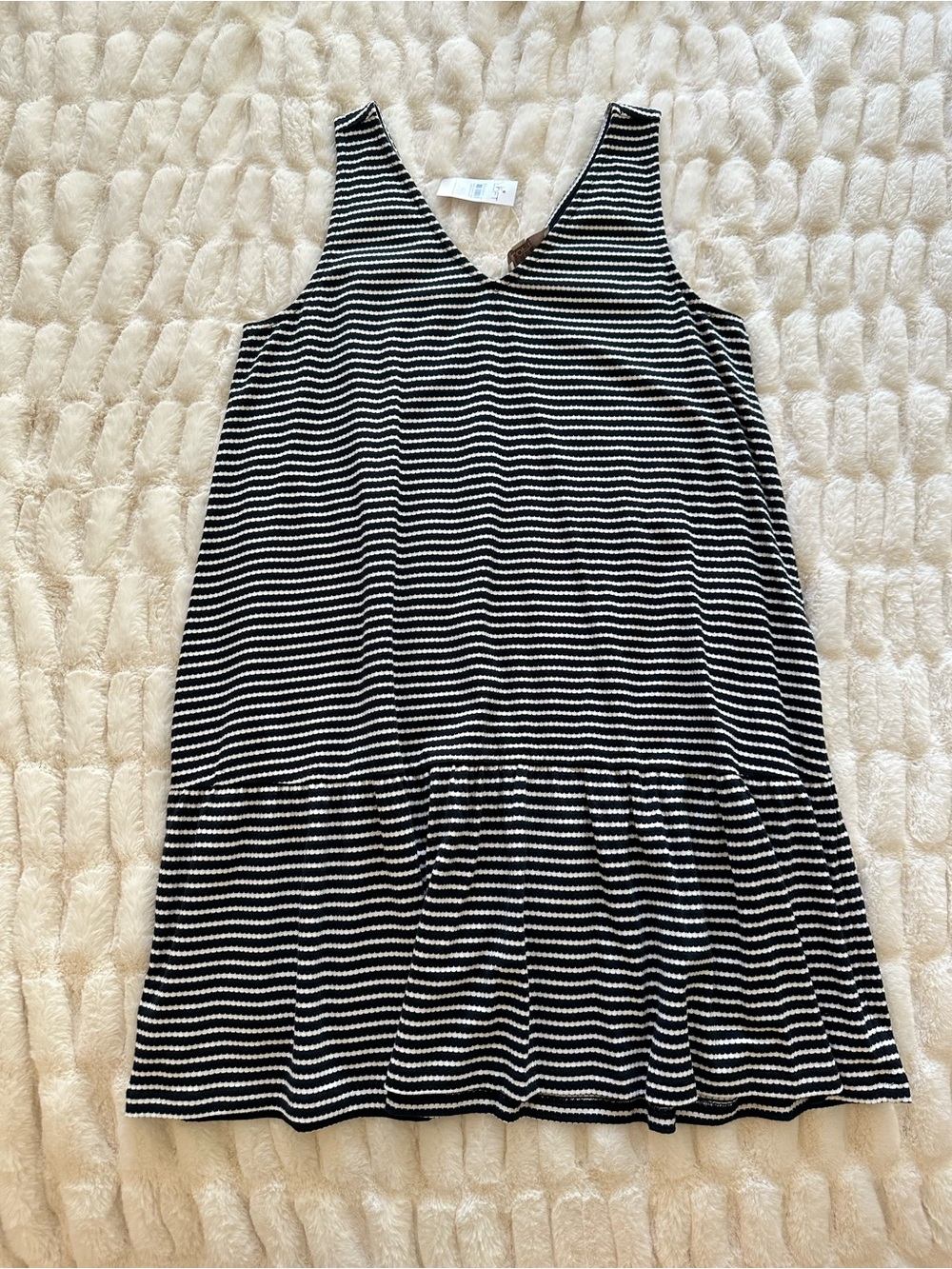 Loft Navy & White Striped V-Neck Swing Ruffle Hem Dress NWT